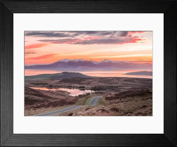 Framed Print : A view of Fairlie Moor Road down onto the Reservoir and Over to Arran. The Sun had just gone behind the Arran Hills and it was a Bitterly cold Day Framed Print : A view of Fairlie Moor Road down onto the Reservoir and Over to Arran. The Sun had just gone behind the Arran Hills and it was a Bitterly cold Day
