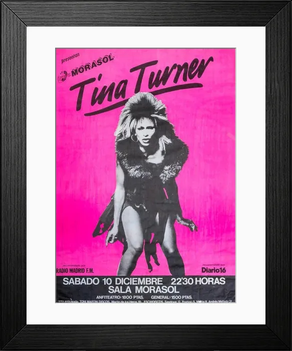 Framed Print : Tina Turner 1983 tour in Sala Morasol, Madrid, Musical concert poster Framed Print : Tina Turner 1983 tour in Sala Morasol, Madrid, Musical concert poster