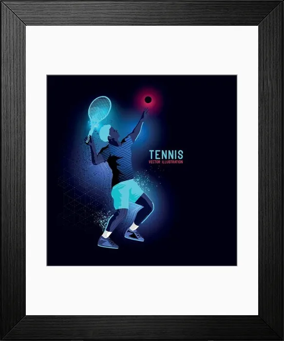 Framed Print : Neon glowing backlit silhouette of professional tennis player about to serve - vector illustration Framed Print : Neon glowing backlit silhouette of professional tennis player about to serve - vector illustration