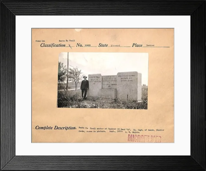 Framed Print : County Superintendent of Roads, Chester Cooke, at Santa Fe Trail Marker at Buckner on Road A Framed Print : County Superintendent of Roads, Chester Cooke, at Santa Fe Trail Marker at Buckner on Road A