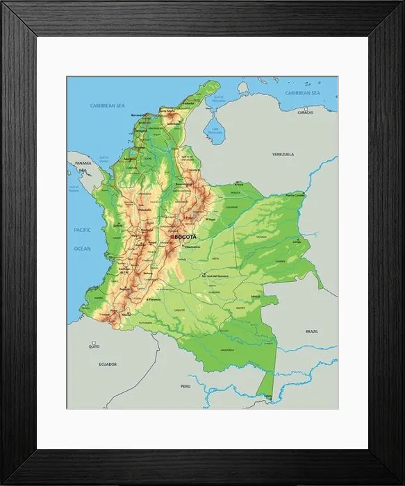 Framed Print : High detailed Colombia physical map with labeling Framed Print : High detailed Colombia physical map with labeling