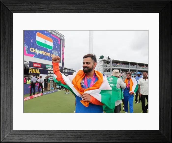 Framed Print : India's Virat Kohli celebrates victory following the 2024 ICC Men's T20 World Cup final at the Kensington Oval Barbados in Bridgetown, Barbados Framed Print : India's Virat Kohli celebrates victory following the 2024 ICC Men's T20 World Cup final at the Kensington Oval Barbados in Bridgetown, Barbados