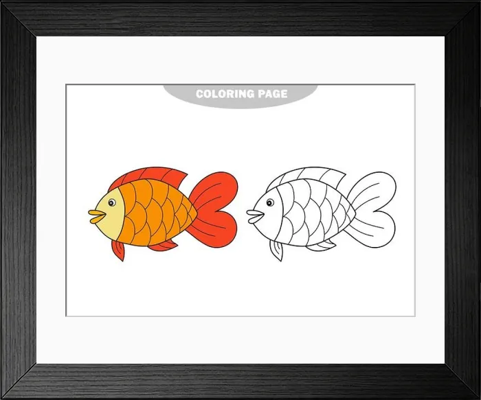 Framed Print : Simple coloring page. Drawing worksheet for preschool kids with easy gaming level - Fish. Color and black and white version Framed Print : Simple coloring page. Drawing worksheet for preschool kids with easy gaming level - Fish. Color and black and white version