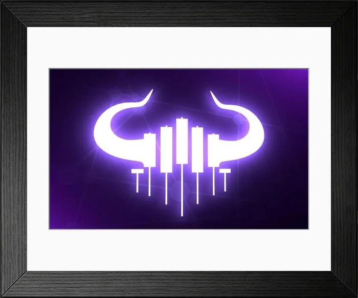 Framed Print : Candlestick trading chart analyzing in forex stock market. Exchange broker emblem. Bull horns and candles. Neon light illumination. 3D rendering Framed Print : Candlestick trading chart analyzing in forex stock market. Exchange broker emblem. Bull horns and candles. Neon light illumination. 3D rendering
