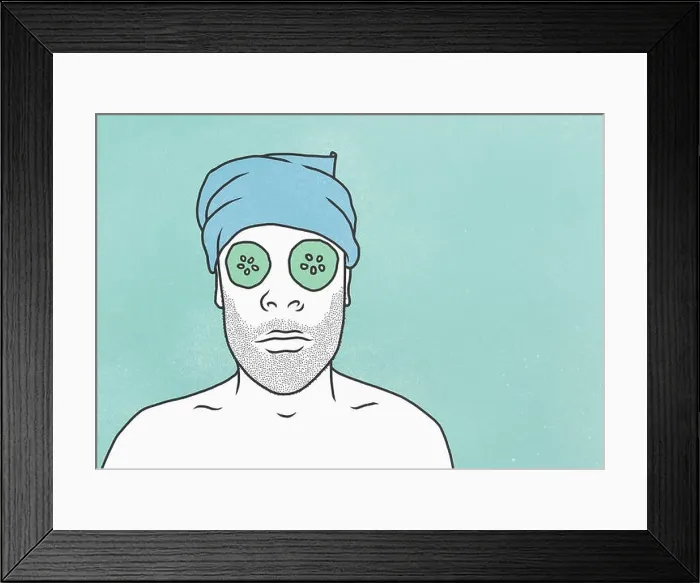 Framed Print : Man wearing face mask and towel against blue background Framed Print : Man wearing face mask and towel against blue background