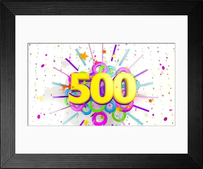 Framed Print : Number 500 for promotion, birthday or anniversary on an explosion of confetti, stars, lines and circles of purple, blue, yellow, red and green colors Framed Print : Number 500 for promotion, birthday or anniversary on an explosion of confetti, stars, lines and circles of purple, blue, yellow, red and green colors