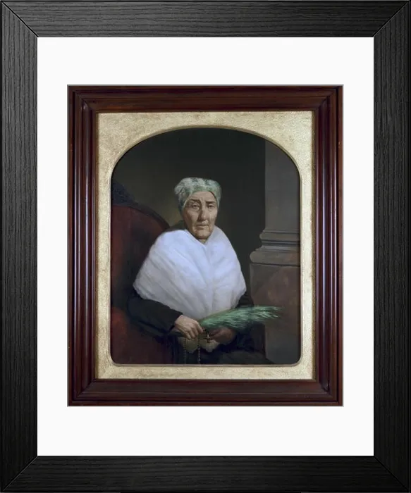 Framed Print : Oil portrait on canvass of Elizabeth Barada Ortes at age 102. Mme. Ortes, wearing a black dress with a white shawl wrapped around her shoulders Framed Print : Oil portrait on canvass of Elizabeth Barada Ortes at age 102. Mme. Ortes, wearing a black dress with a white shawl wrapped around her shoulders