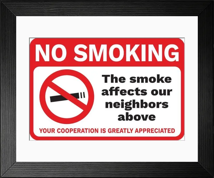 Framed Print : No smoking sign or poster. Horizontal red and white area signage crossed out cigarette and text No smoking. The smoke affects our neighbors. Your coo Framed Print : No smoking sign or poster. Horizontal red and white area signage crossed out cigarette and text No smoking. The smoke affects our neighbors. Your coo