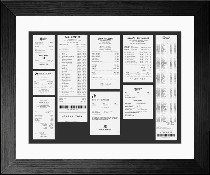 Framed Print : Template of a shop check. Paper payment receipt from supermarket. Bill from a restaurant or mall