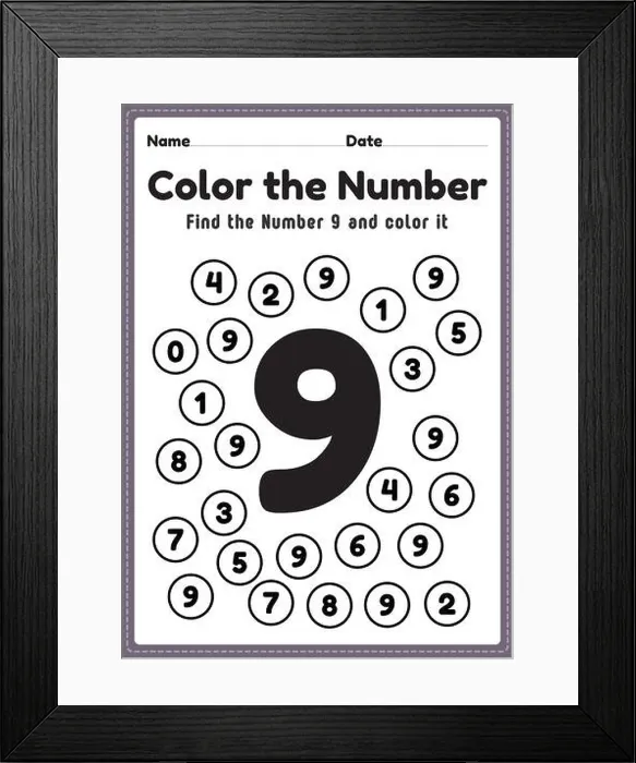 Framed Print : Number worksheets for preschool, number 9 coloring math activities for kindergarten kids to learn basic mathematics skills in a printable page Framed Print : Number worksheets for preschool, number 9 coloring math activities for kindergarten kids to learn basic mathematics skills in a printable page