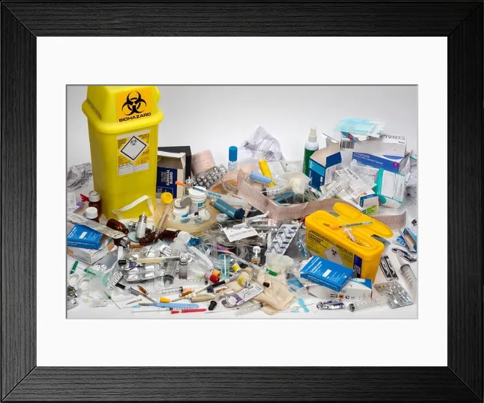 Framed Print : Medical Waste - Disposal of some of the many use once plastic, paper, cardboard, glass and metal items used in modern medicine Framed Print : Medical Waste - Disposal of some of the many use once plastic, paper, cardboard, glass and metal items used in modern medicine