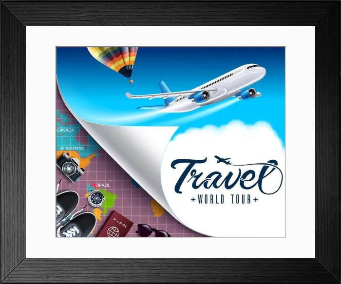 Framed Print : Travel world tour vector banner design. Travel world tour text with travelling and adventure elements like airplane, map, camera and compass Framed Print : Travel world tour vector banner design. Travel world tour text with travelling and adventure elements like airplane, map, camera and compass