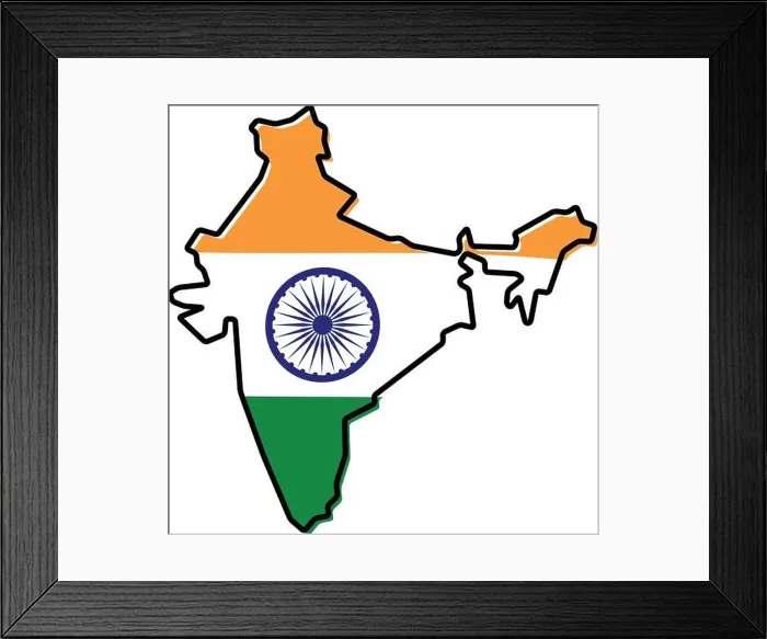 Framed Print : Simplified map of India outline, with slightly bent flag under it Framed Print : Simplified map of India outline, with slightly bent flag under it