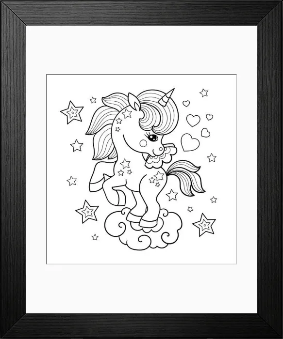 Framed Print : Little cute unicorn is drawn with black contour lines for children's coloring. Vector Framed Print : Little cute unicorn is drawn with black contour lines for children's coloring. Vector