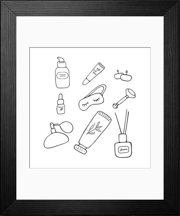 Framed Print : Skin care. Cosmetic products and accessories. Beauty icons for digital and print. Cute hand drawn vector graphic Framed Print : Skin care. Cosmetic products and accessories. Beauty icons for digital and print. Cute hand drawn vector graphic