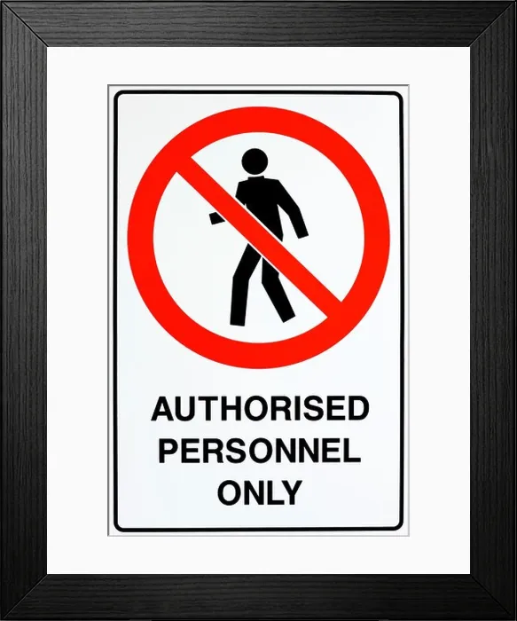 Framed Print : A white, red, and black authorized personnel only sign Framed Print : A white, red, and black authorized personnel only sign