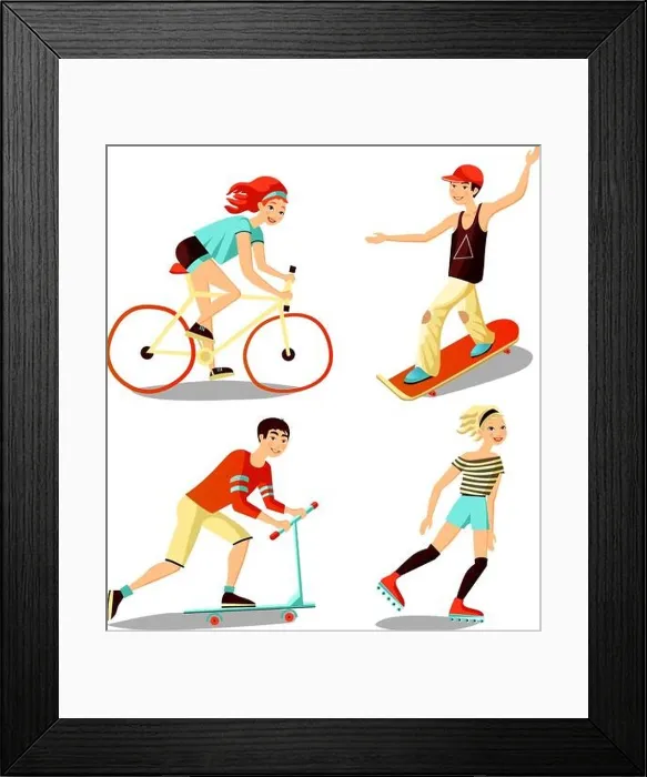 Framed Print : Images people mini set of young riders including roller skateboarder bicyclist scooter cartoon isolated vector illustration Framed Print : Images people mini set of young riders including roller skateboarder bicyclist scooter cartoon isolated vector illustration