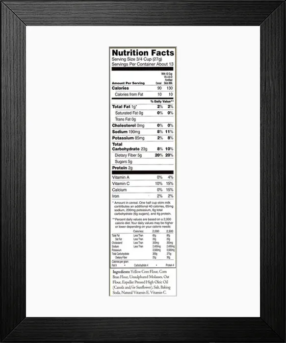 Framed Print : Nutrition Facts Label from a box of Puffins cereal Framed Print : Nutrition Facts Label from a box of Puffins cereal