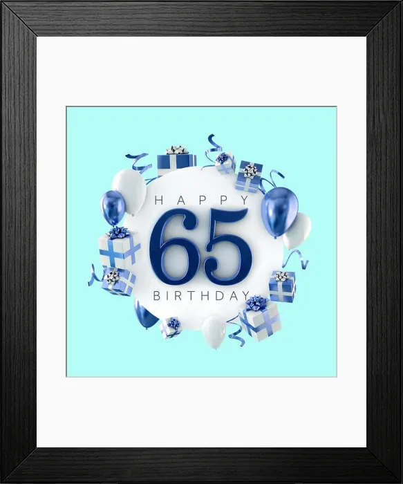 Framed Print : Happy 65th birthday party composition with balloons and presents. 3D Render Framed Print : Happy 65th birthday party composition with balloons and presents. 3D Render