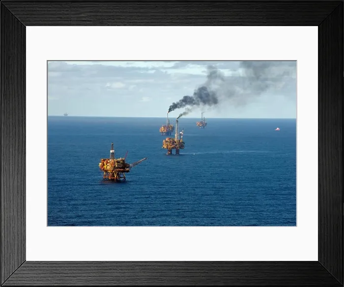 Framed Print : North Sea, Oil production with platforms. Aerial view. Brent Oil Field Framed Print : North Sea, Oil production with platforms. Aerial view. Brent Oil Field