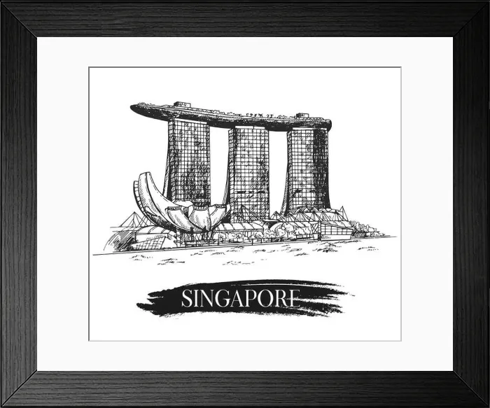 Framed Print : Hand drawn sketch style Singapore Marina Bay city skyline isolated on white background. Vector illustration
