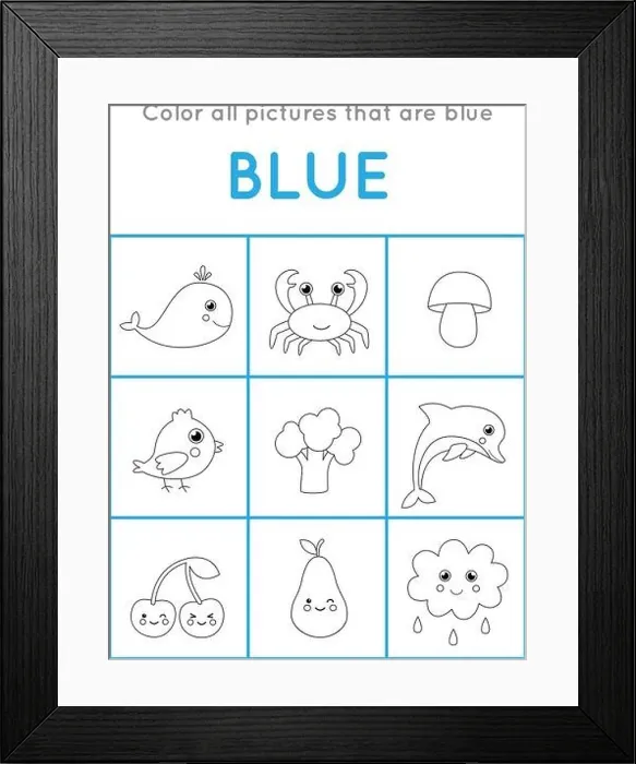 Framed Print : Color all objects that are blue color. Educational coloring game for kids Framed Print : Color all objects that are blue color. Educational coloring game for kids