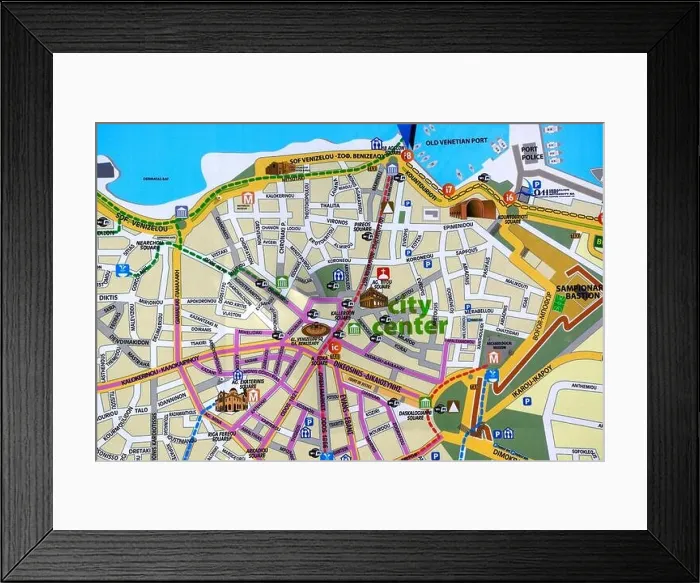 Framed Print : City centre town map showing tourist attractions, Heraklion, Crete, Greece, Europe Framed Print : City centre town map showing tourist attractions, Heraklion, Crete, Greece, Europe