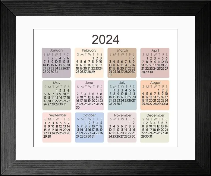 Framed Print : Calendar template for the year 2024 in simple minimalist style horizontal orientation, abstract colorful boho pastel colored square shape background Framed Print : Calendar template for the year 2024 in simple minimalist style horizontal orientation, abstract colorful boho pastel colored square shape background