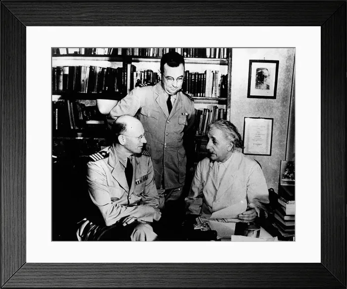 Framed Print : Professor Albert Einstein with Captain G.E.Sage, and Commander F.L.Douthit at Princeton University Framed Print : Professor Albert Einstein with Captain G.E.Sage, and Commander F.L.Douthit at Princeton University