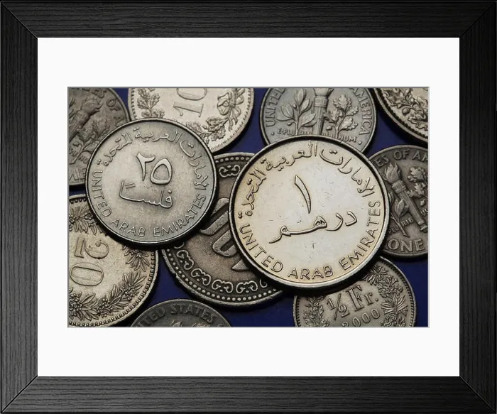 Framed Print : Coins of the United Arab Emirates. UAE one dirham and twenty five fils coins Framed Print : Coins of the United Arab Emirates. UAE one dirham and twenty five fils coins