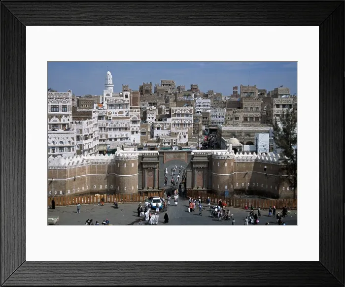 Framed Print : City View over Bab-al Yemen Town Gate & City Walls with Old Town & Tower Houses Beyond, Sana'a Sana or San'a, Yemen Framed Print : City View over Bab-al Yemen Town Gate & City Walls with Old Town & Tower Houses Beyond, Sana'a Sana or San'a, Yemen