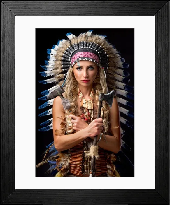 Framed Print : Beautiful woman in native american costume with feathers Framed Print : Beautiful woman in native american costume with feathers