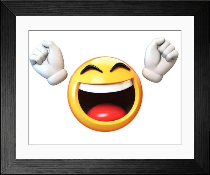 Framed Print : Happy emoji isolated on white background, emoticon with raised hands 3d rendering Framed Print : Happy emoji isolated on white background, emoticon with raised hands 3d rendering