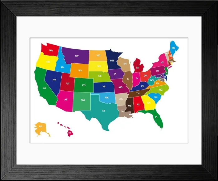 Framed Print : Multicolor Bordering Geographical Map of USA with Bordering Lines and Two-Letter Abbreviations of Every US State Framed Print : Multicolor Bordering Geographical Map of USA with Bordering Lines and Two-Letter Abbreviations of Every US State