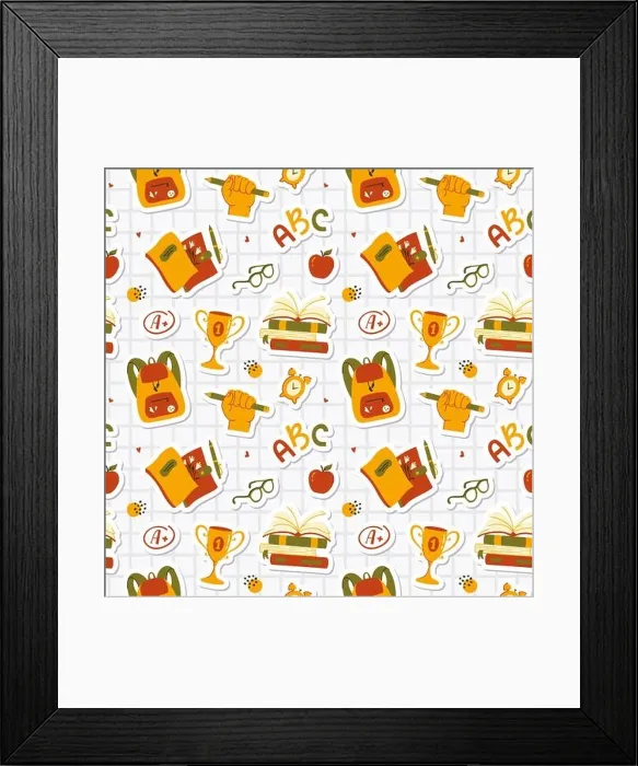 Framed Print : Back to School. Seamless pattern with school-themed stickers - books, backpacks, notebooks, apples, glasses, etc. Stylish vector background
