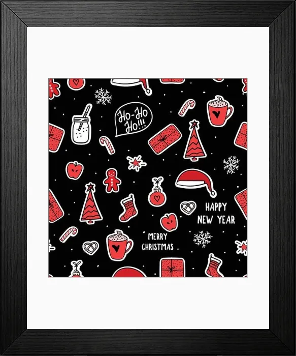 Framed Print : Vector new year seamless pattern. Christmas symbols holidays design. Stikers on dark background Framed Print : Vector new year seamless pattern. Christmas symbols holidays design. Stikers on dark background