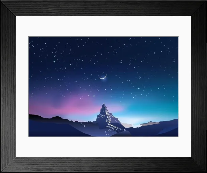 Framed Print : Snowy mountains, pink and blue night sky landscape with stars Framed Print : Snowy mountains, pink and blue night sky landscape with stars