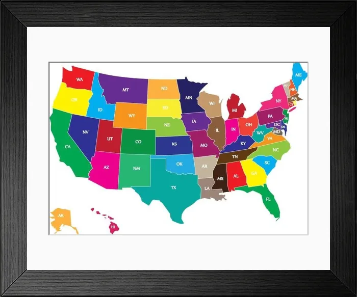 Framed Print : Color USA map with states and borders Framed Print : Color USA map with states and borders