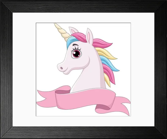 Framed Print : Cartoon unicorn head with pink ribbon Framed Print : Cartoon unicorn head with pink ribbon