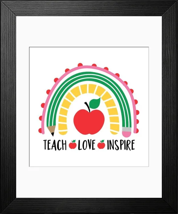 Framed Print : Teach Love Inspire - colorful typography design with red apple. Thank you Gift card for Teacher's Day. Vector illustration on white background with re
