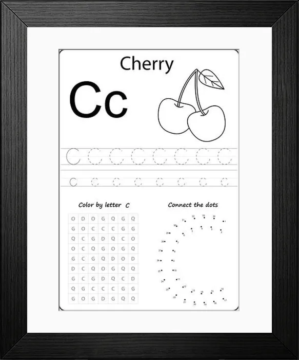 Framed Print : letter C. Alphabet letter. Worksheet. Task for kids. learning letters Framed Print : letter C. Alphabet letter. Worksheet. Task for kids. learning letters
