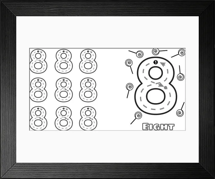 Framed Print : Number Eight trace practice worksheet for prek kids and toddlers. Handwriting preschool kindergarten tracing vector illustration Framed Print : Number Eight trace practice worksheet for prek kids and toddlers. Handwriting preschool kindergarten tracing vector illustration