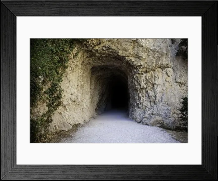 Framed Print : Deep stone tunnel, detail of ancient cave on a mountain Framed Print : Deep stone tunnel, detail of ancient cave on a mountain