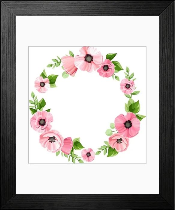 Framed Print : Vector floral wreath with pink poppy flowers and green leaves. Floral circle frame. Greeting or invitation card design Framed Print : Vector floral wreath with pink poppy flowers and green leaves. Floral circle frame. Greeting or invitation card design