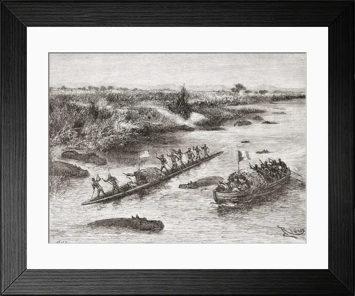 Framed Print : French and British explorers hunting hippopotamus on the Congo River in the 19th century Framed Print : French and British explorers hunting hippopotamus on the Congo River in the 19th century