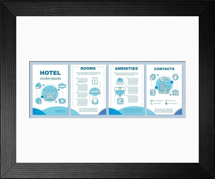Framed Print : Hotel information brochure template layout. Room options, service. Apartment, accommodation. Flyer, booklet, leaflet print design with linear icons. V Framed Print : Hotel information brochure template layout. Room options, service. Apartment, accommodation. Flyer, booklet, leaflet print design with linear icons. V