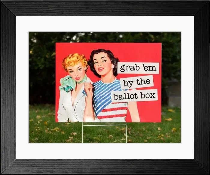Framed Print : A 2020 retro election yard sign with 2 women with the quote, grab em by the ballot bodx. The sign is a parody on Donald Trump's lewd comment from th Framed Print : A 2020 retro election yard sign with 2 women with the quote, grab em by the ballot bodx. The sign is a parody on Donald Trump's lewd comment from th