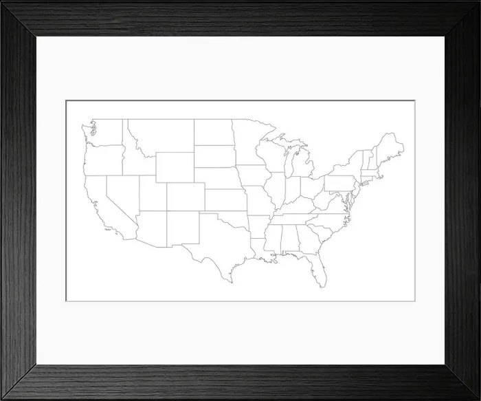 Framed Print : Stylized map of the United States of America showing the differents states. All on white background Framed Print : Stylized map of the United States of America showing the differents states. All on white background