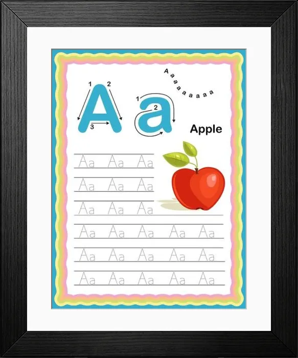 Framed Print : Colorful letter A Uppercase and Lowercase Tracing alphabets start with Vegetables and fruits daily writing practice worksheet, printable A4 size - Col