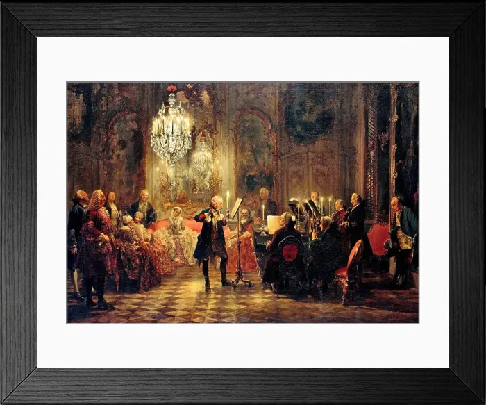 Framed Print : Adolf Menzel, Flute Concert with Frederick the Great in Sanssouci 1850-52 Oil on canvas. Alte Nationalgalerie, Berlin Framed Print : Adolf Menzel, Flute Concert with Frederick the Great in Sanssouci 1850-52 Oil on canvas. Alte Nationalgalerie, Berlin